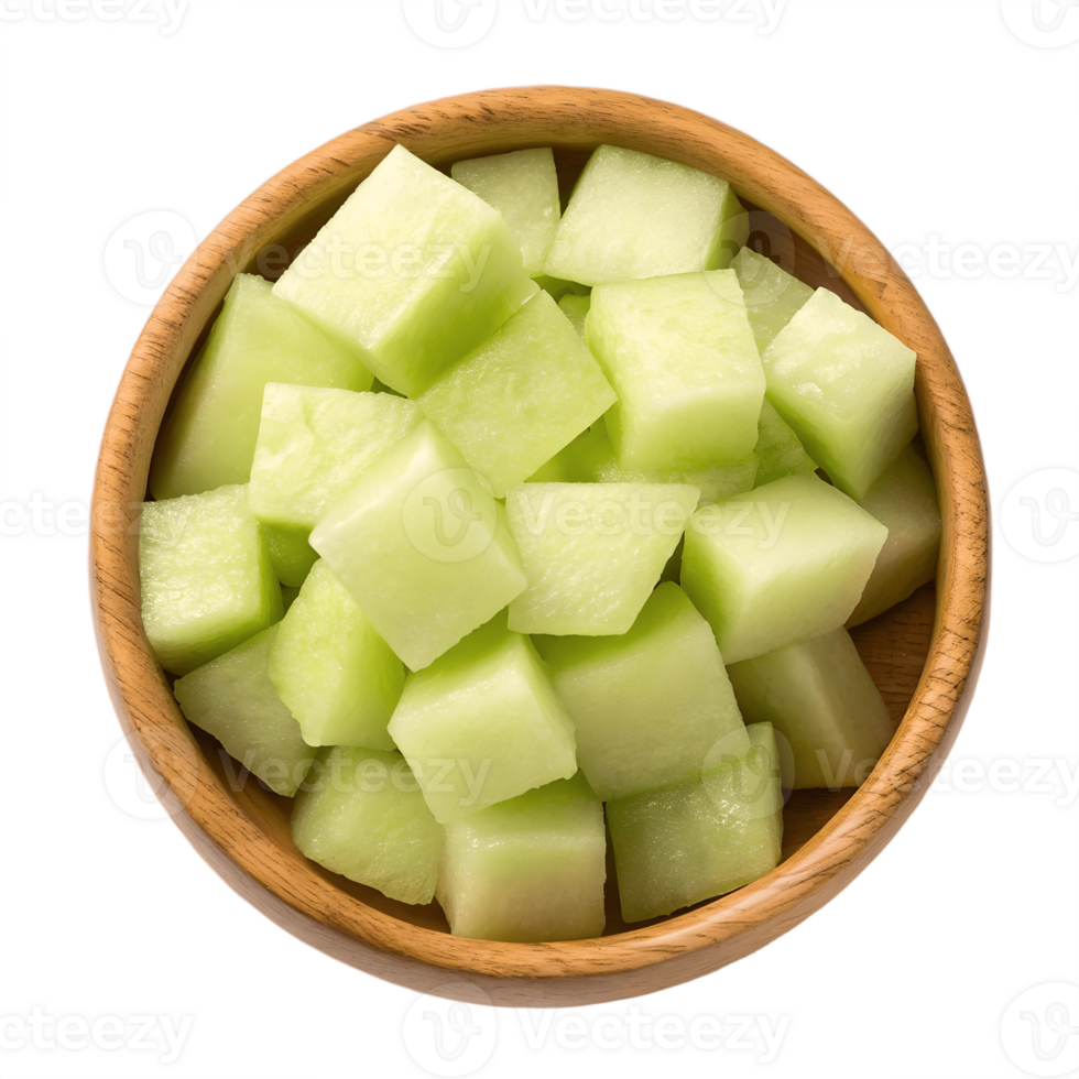 Fresh Honeydew Melon Cubes in Wooden Bowl Transparent Background fresh png
