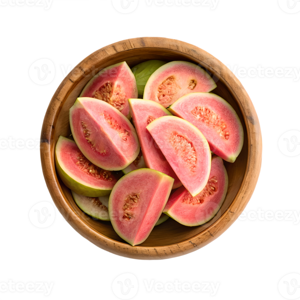 Fresh Guava Slices in Wooden Bowl Overhead View Transparent Background green png