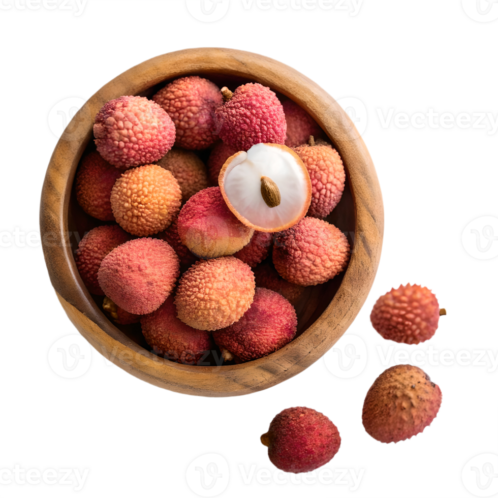 Fresh Lychees in Wooden Bowl Overhead View Transparent Background ripe png