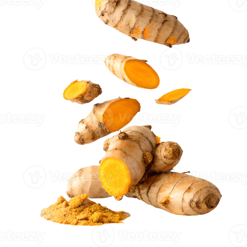 Falling Turmeric Roots and Powder Transparent Background png