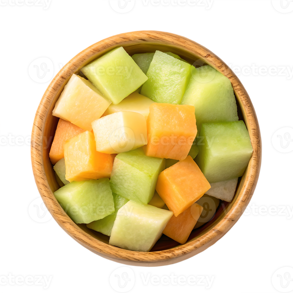 Fresh Honeydew Melon Cubes in Wooden Bowl Transparent Background sweet fresh png