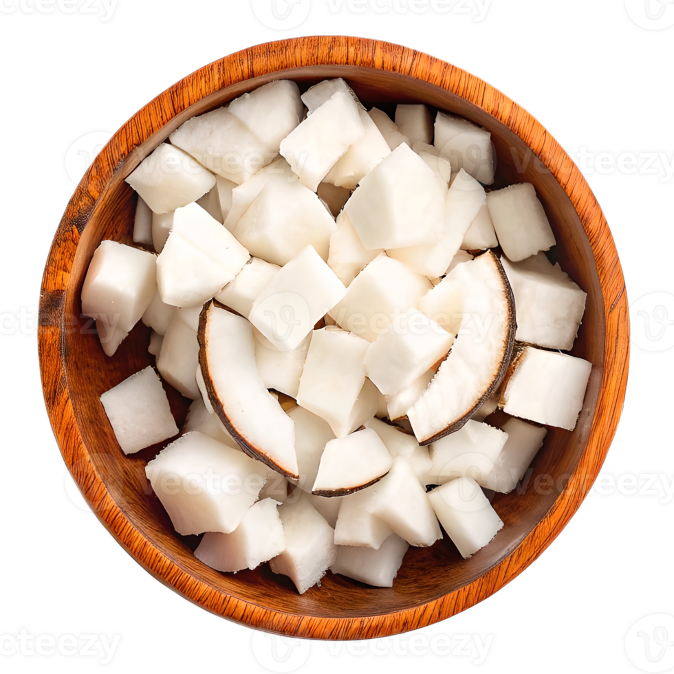 Fresh Diced Coconut in Wooden Bowl Overhead View Transparent Background png