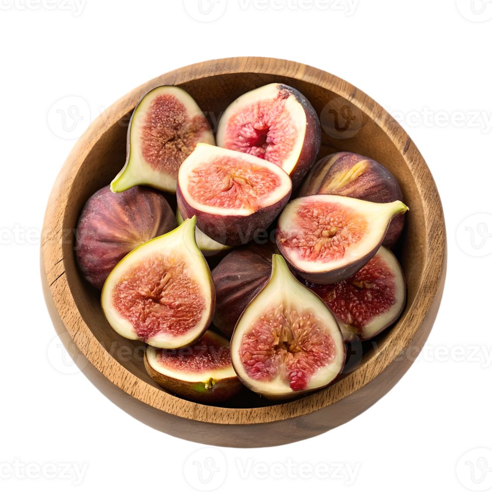 Fresh Figs in Wooden Bowl Overhead View Transparent Background food natural png
