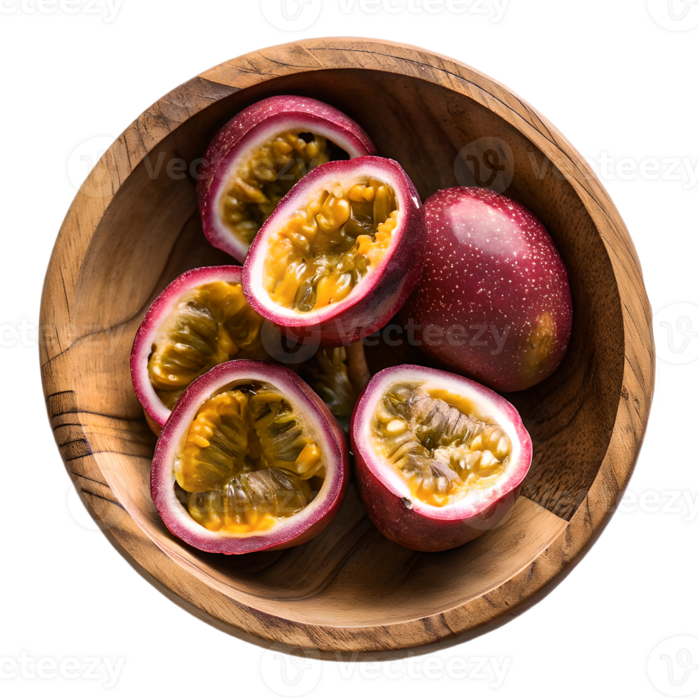 Juicy Passion Fruit Halves in Rustic Wooden Bowl Transparent Background png