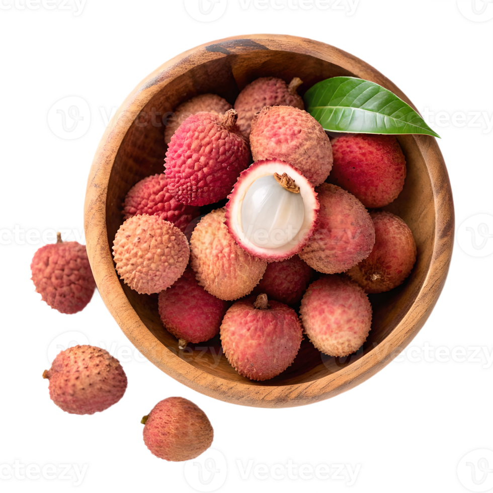 Fresh Lychees in Wooden Bowl Overhead View Transparent Background tropical tropical png