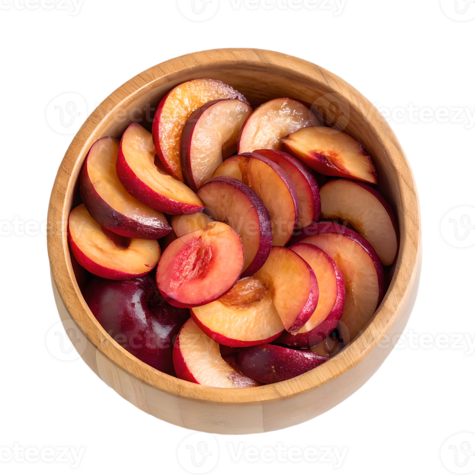 Juicy Plum Slices in Wooden Bowl Overhead View Transparent Background png
