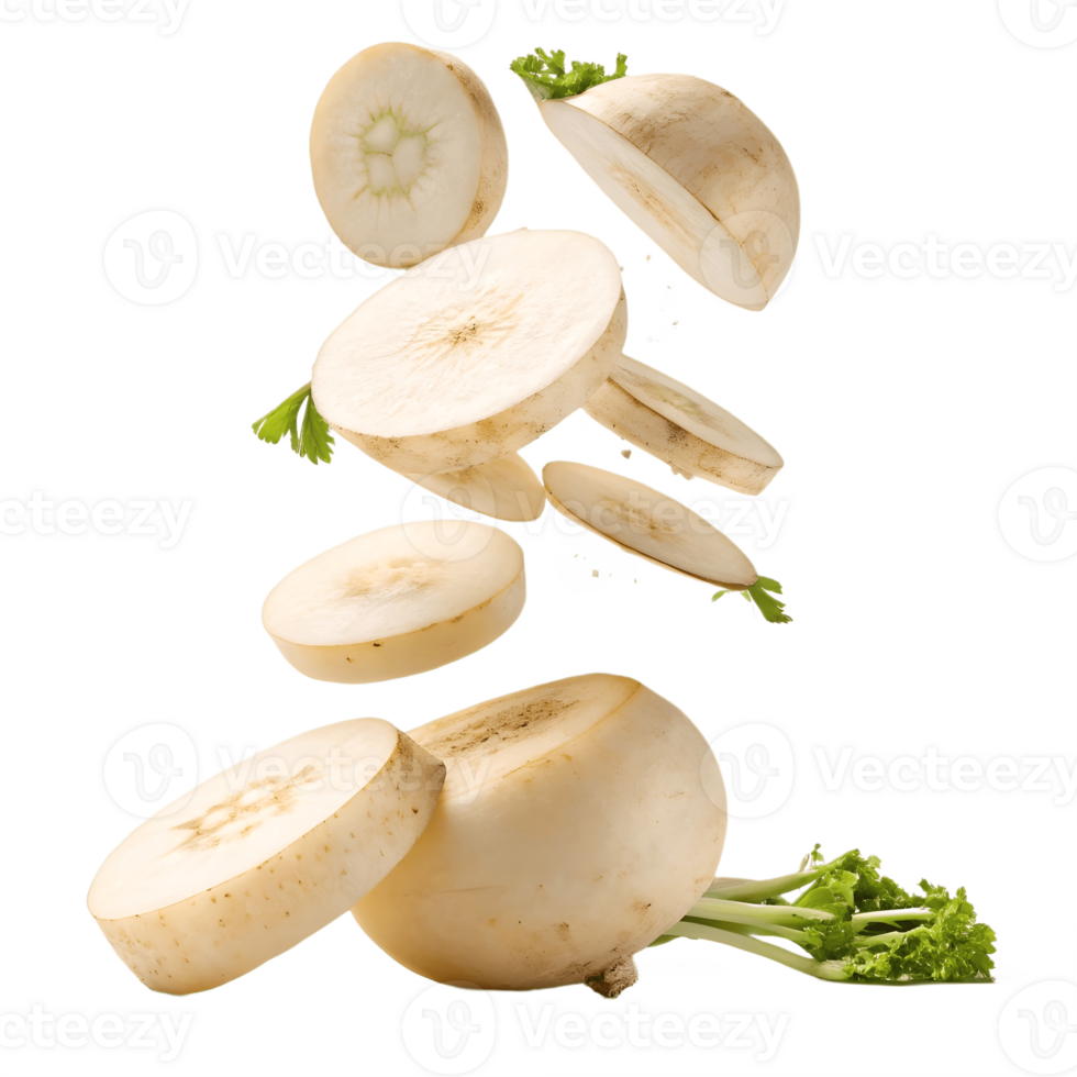 Fresh Turnip Slices Falling in Mid Air Studio Shot Transparent Background png