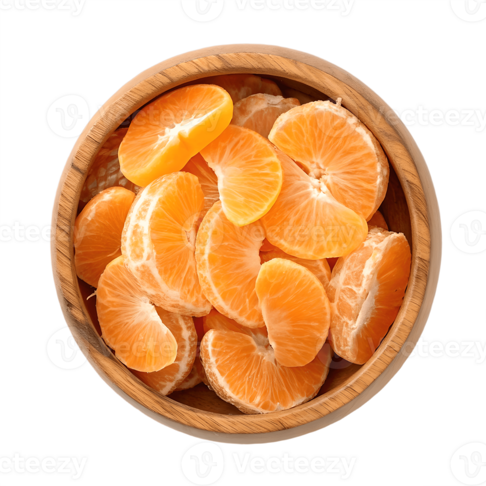 Fresh Mandarin Orange Slices in Wooden Bowl Transparent Background png