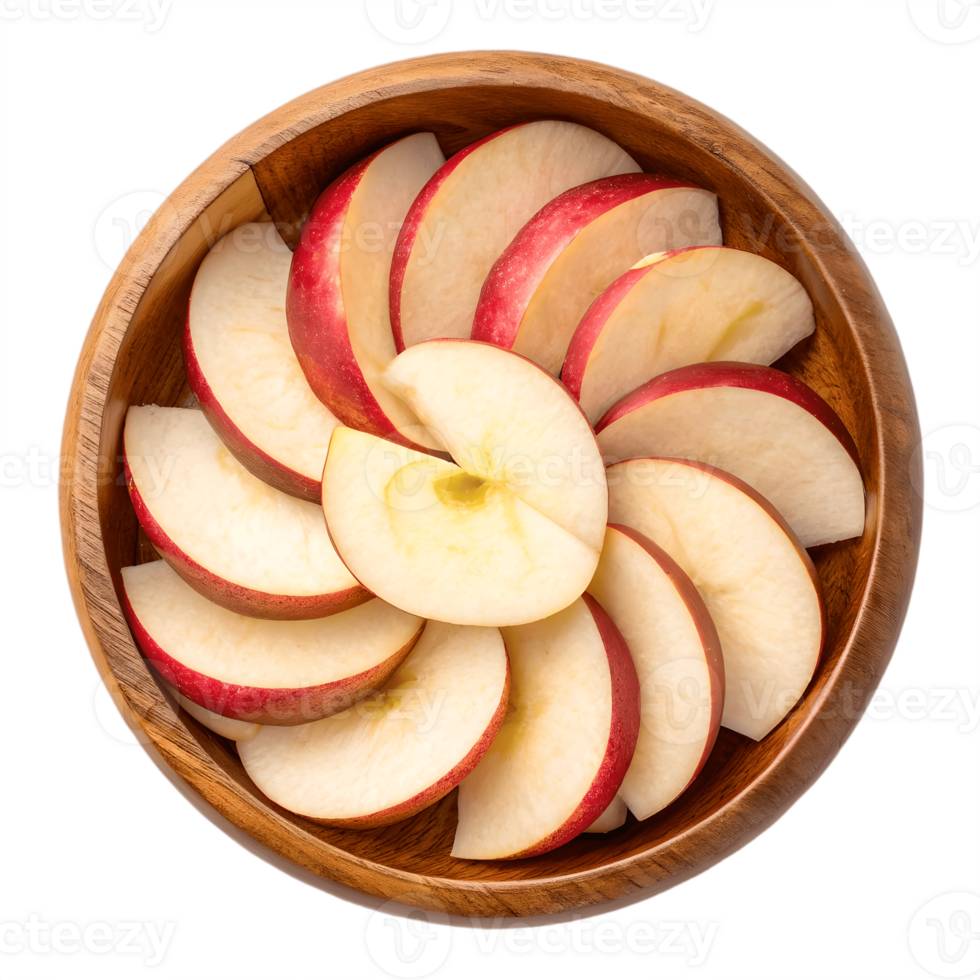 Fresh Red Apple Slices in Wooden Bowl Transparent Background png