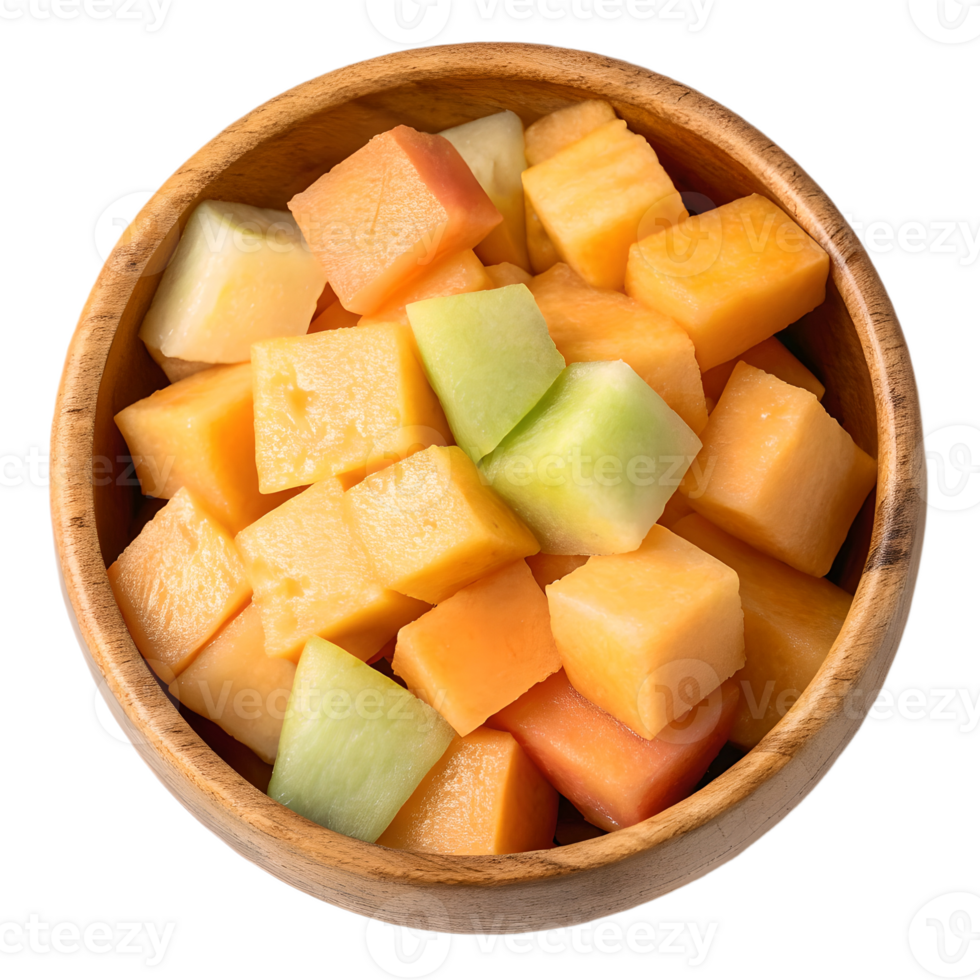 Fresh Cantaloupe and Honeydew Melon Cubes in Wooden Bowl Transparent Background png