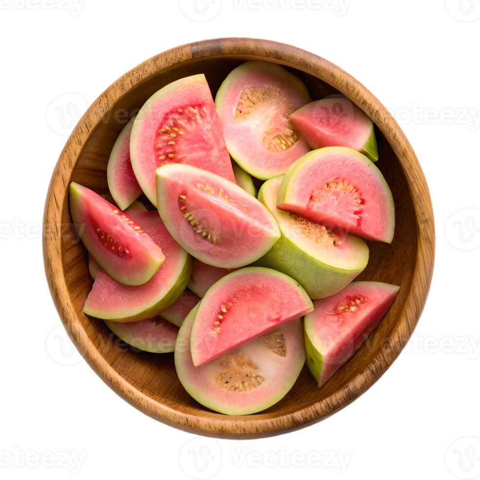 Fresh Guava Slices in Wooden Bowl Overhead Shot Transparent Background png