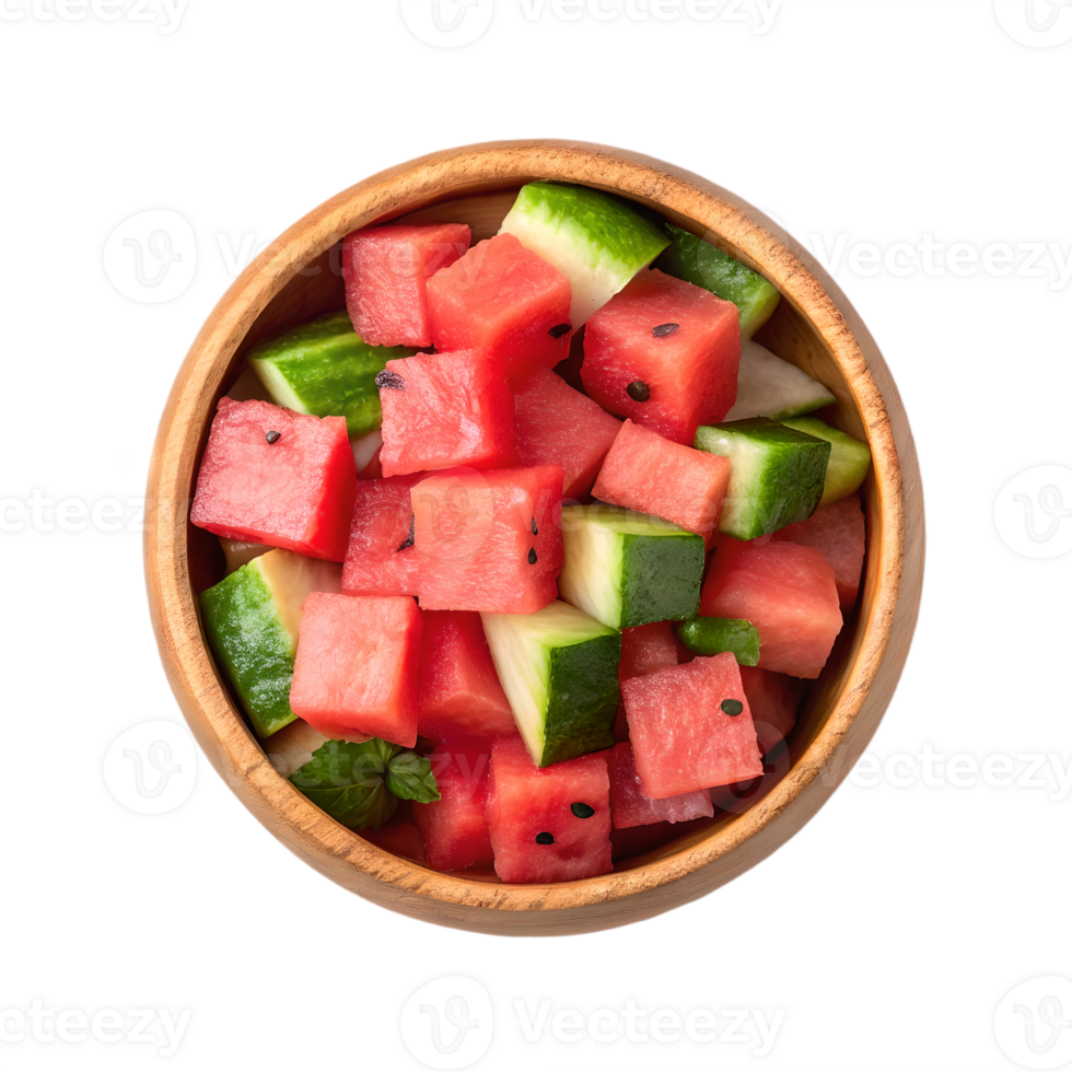 Refreshing Watermelon Cubes in Wooden Bowl Transparent Background png