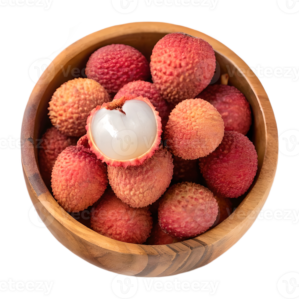 Fresh Lychees in Wooden Bowl Overhead View Transparent Background healthy png