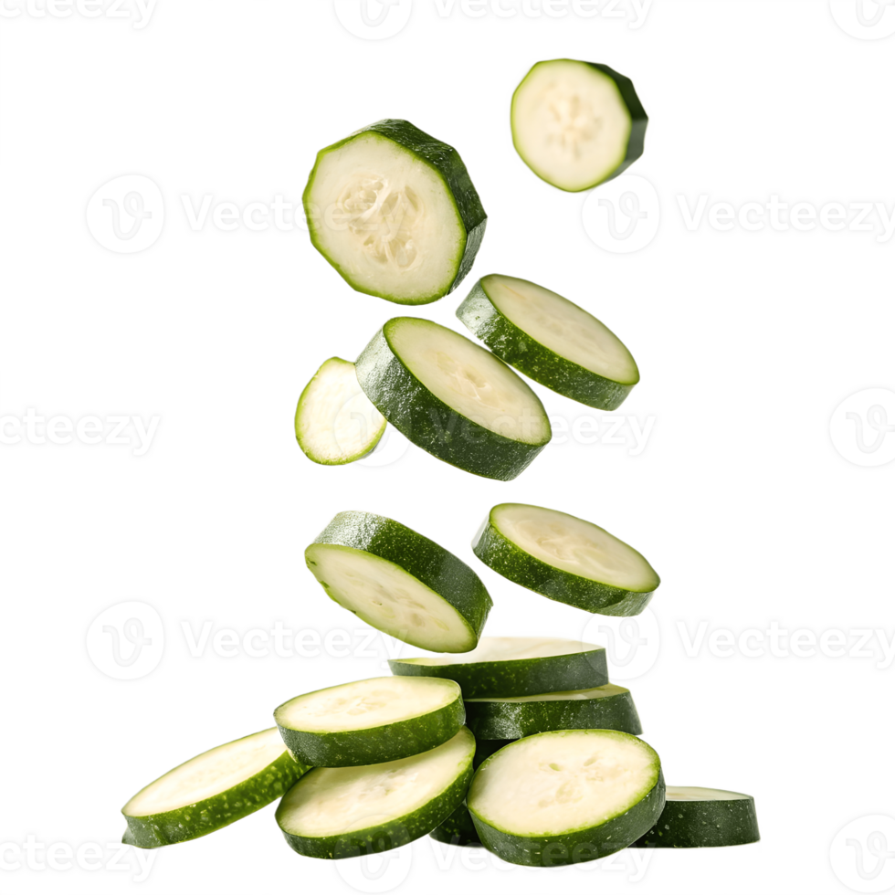 Fresh Sliced Zucchini Falling on Transparent Background png