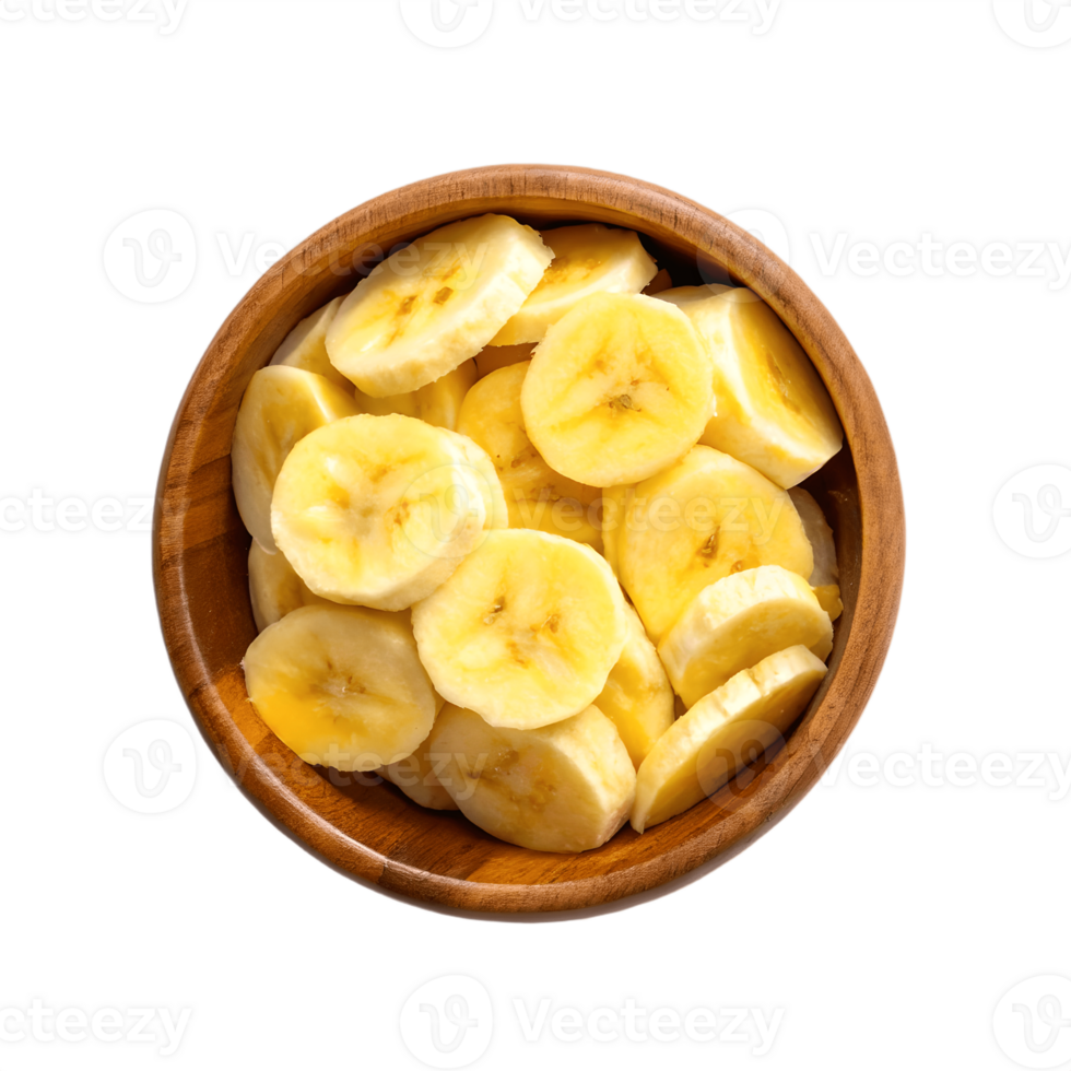 Fresh Banana Slices in Wooden Bowl Overhead View Transparent Background png