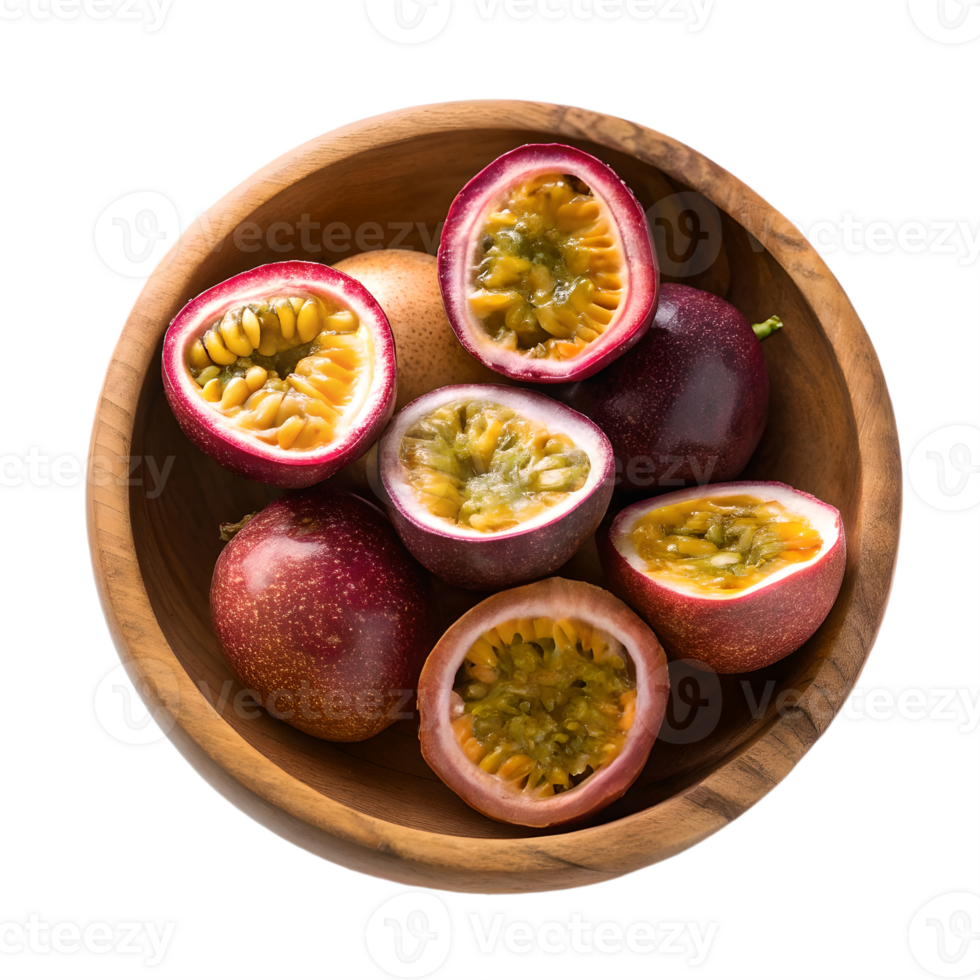 Juicy Passion Fruits in Wooden Bowl Transparent Background healthy png