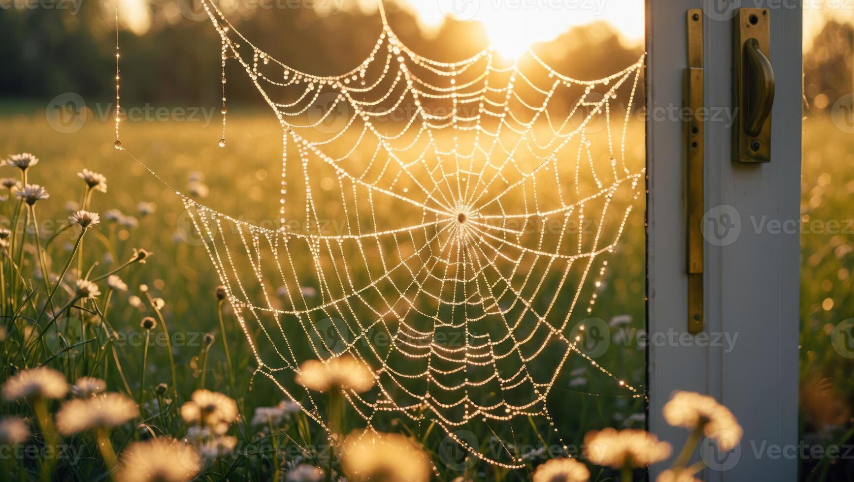 A spider web is seen in a field with dew on it photo