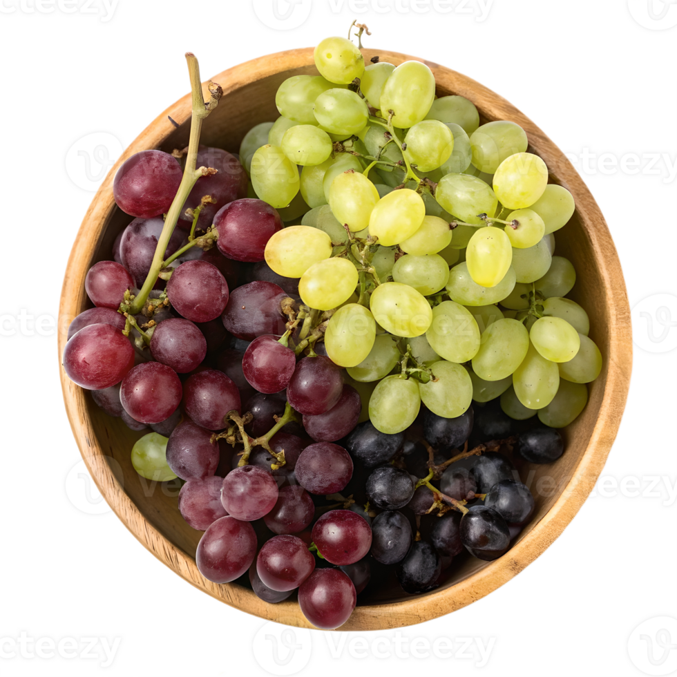 Colorful Grapes in Wooden Bowl Overhead View Transparent Background png