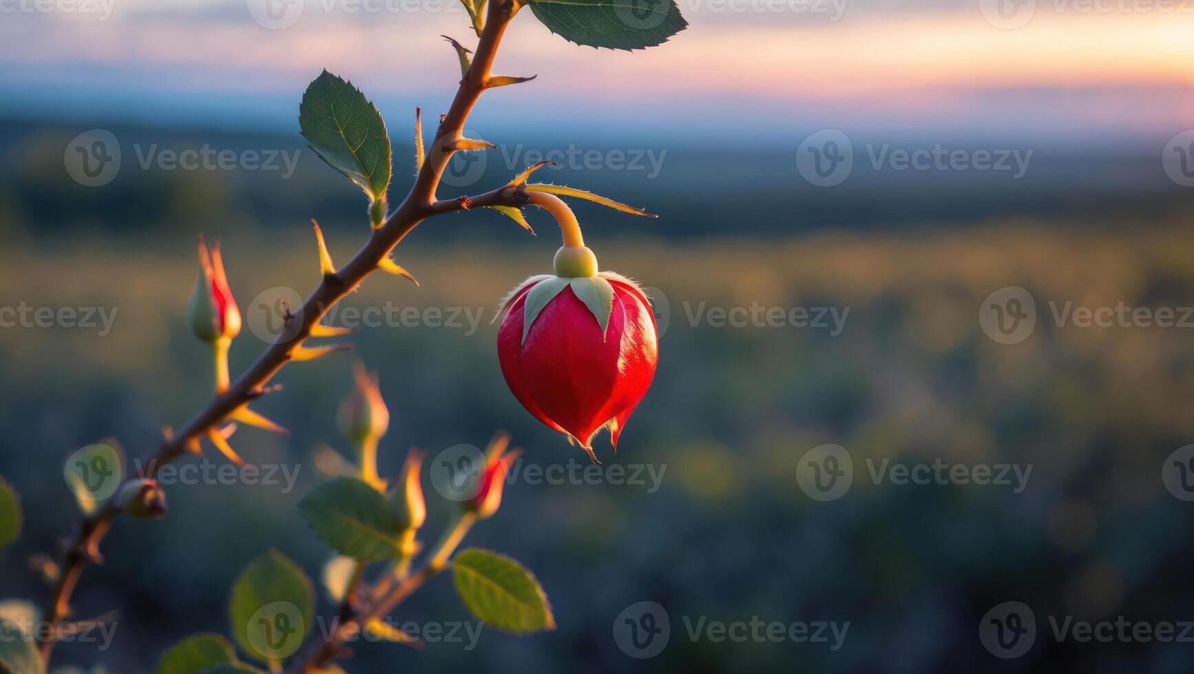 Rosehip Growing on Thorny Branch at Sunset with Soft Light photo
