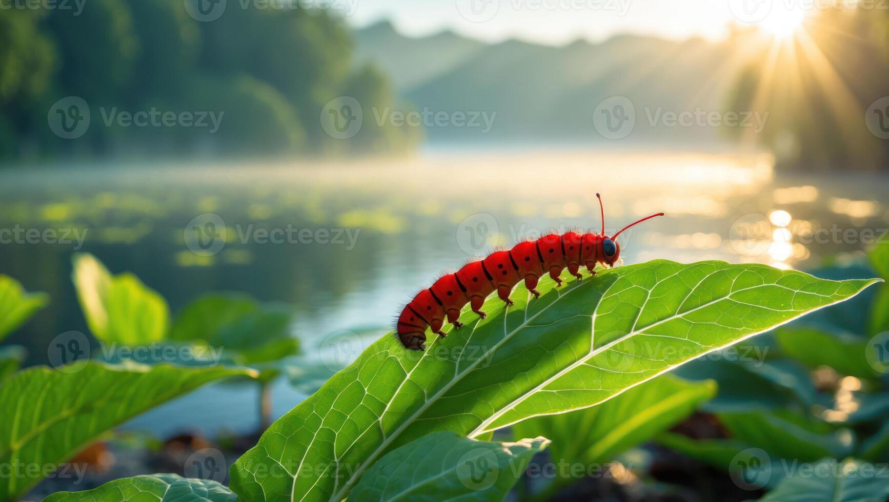 Caterpillar Crawling on Green Leaf Near Calm Lake at Sunrise photo