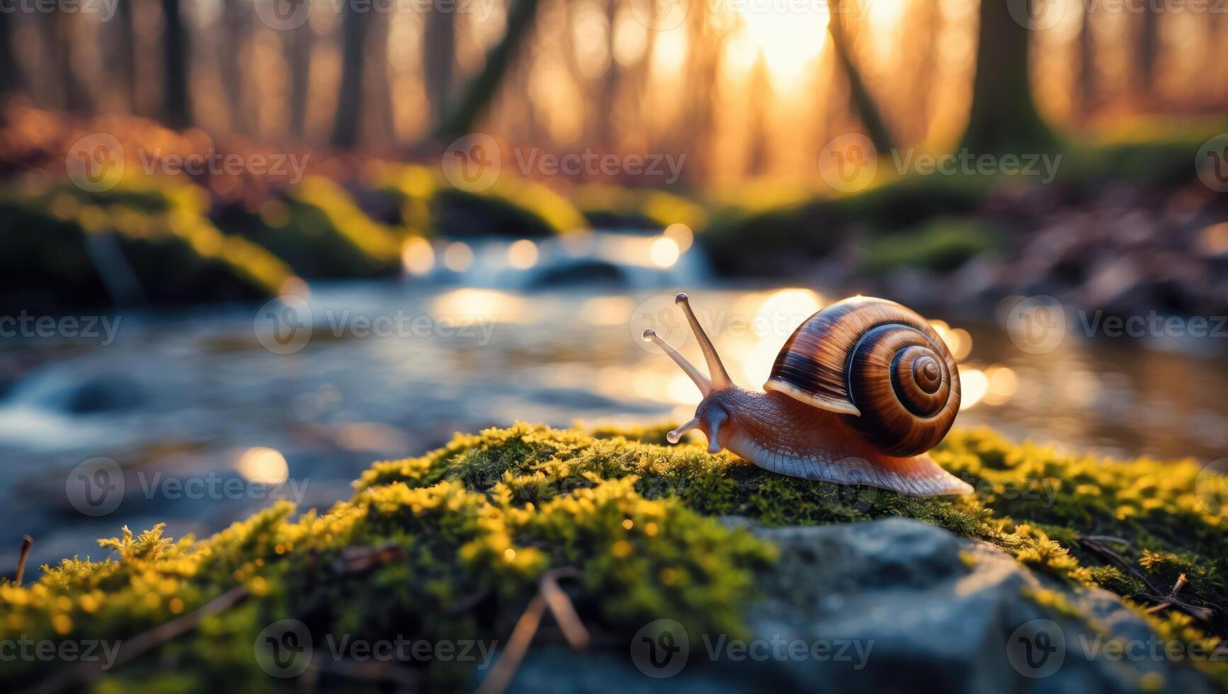 Snail Crawling on Mossy Rock Near Stream in Golden Light photo