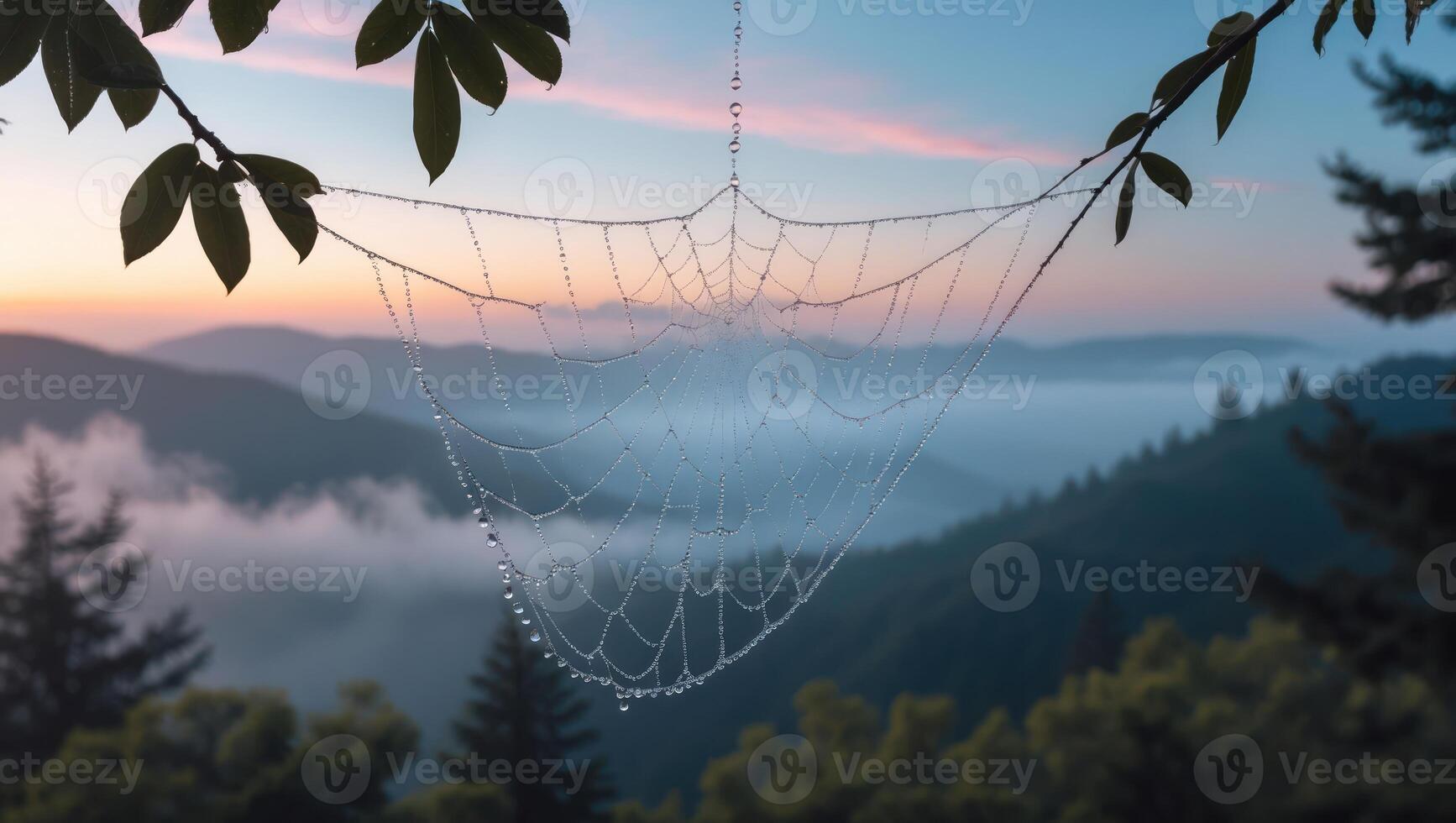 Dew Covered Spiderweb Shines at Dawn in Mountain Landscape photo