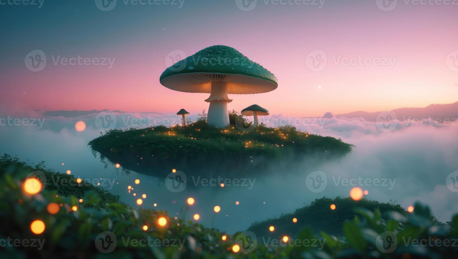 Fantasy Mushroom Island Floating in Clouds with Glowing Lights and Sky photo