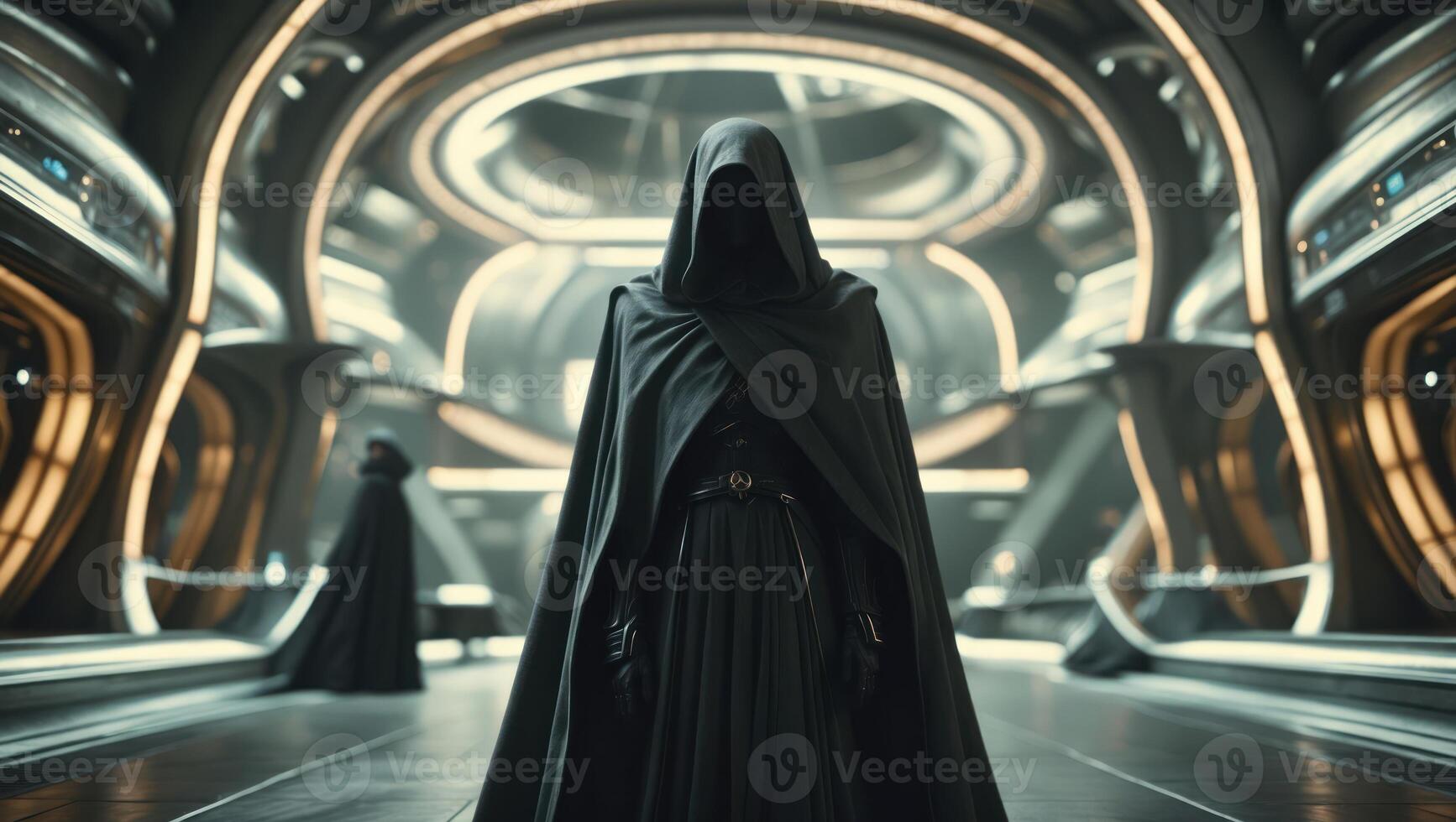 Figure in Cloak Walking on Futuristic Platform with Metallic Architecture photo