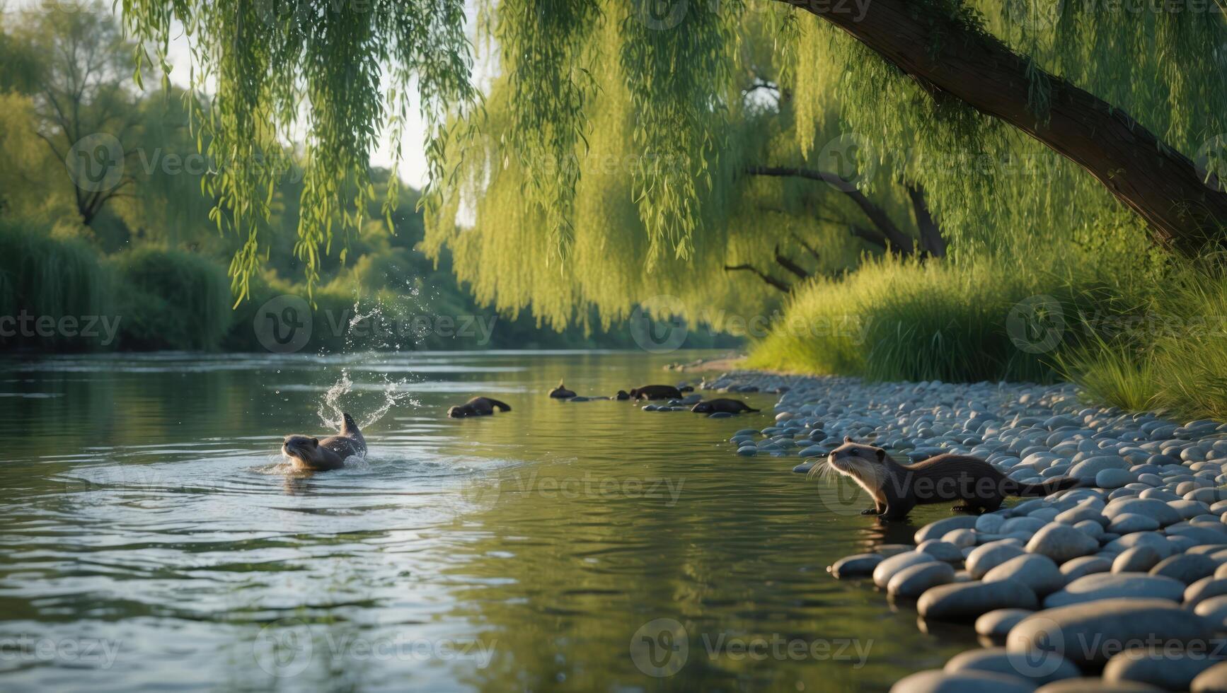 Otter Family Swimming and Playing in Tranquil River Under Willow Trees photo