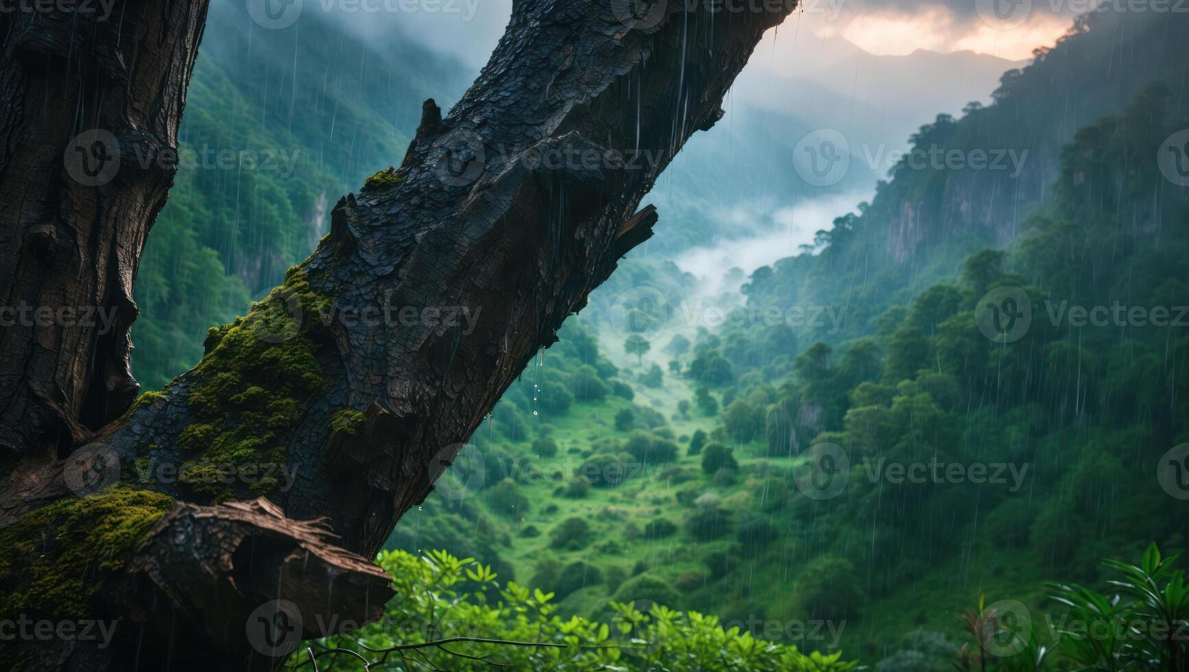 Viewing Lush Green Valley in Rainy Weather From Underneath Tree photo