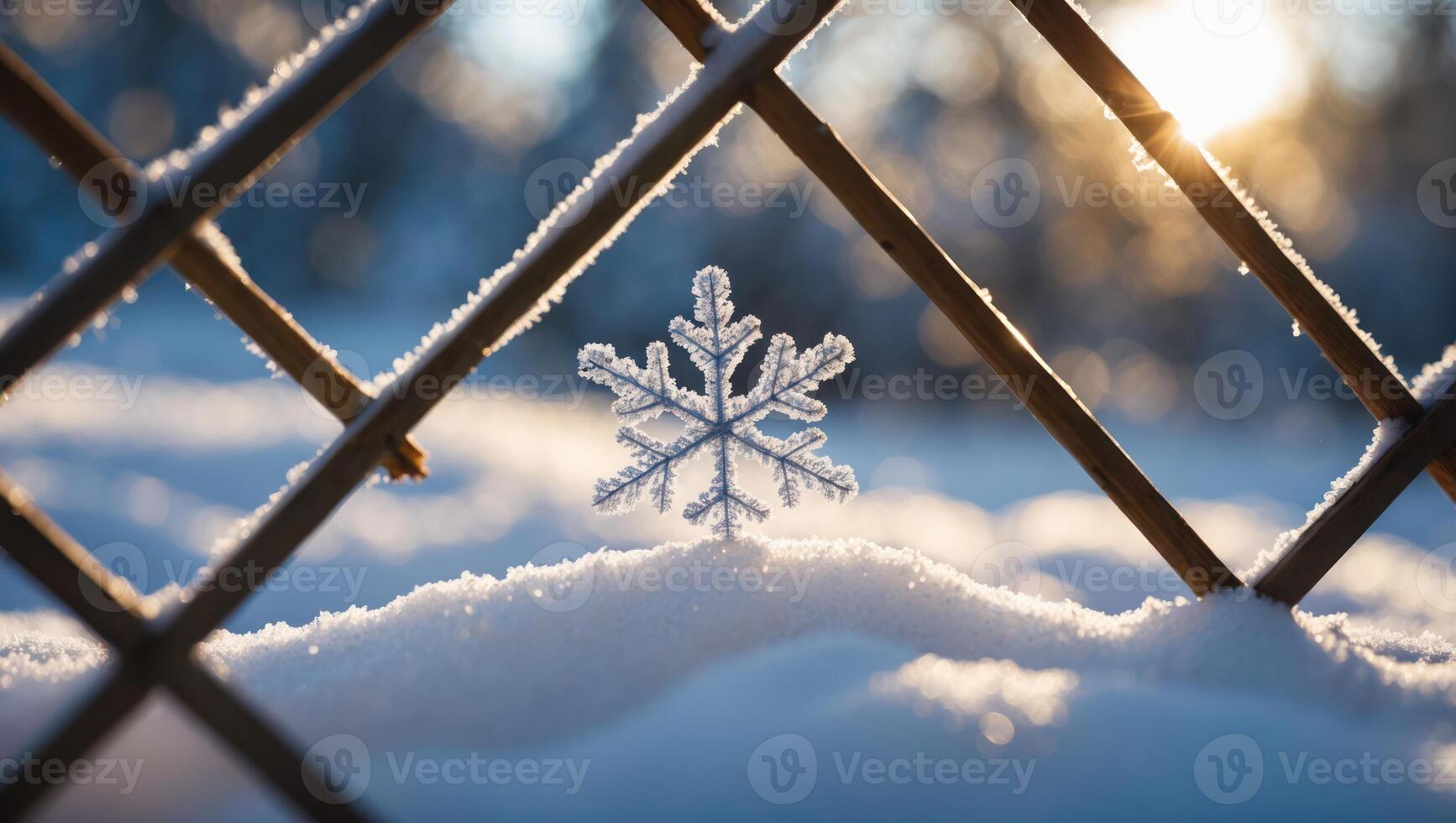 Snowflake on Snowy Surface Near Fence with Winter Sunlight photo