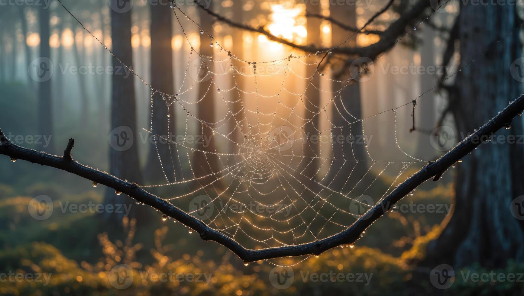 Spiderweb Covered in Dew Drops Hanging in a Misty Forest photo