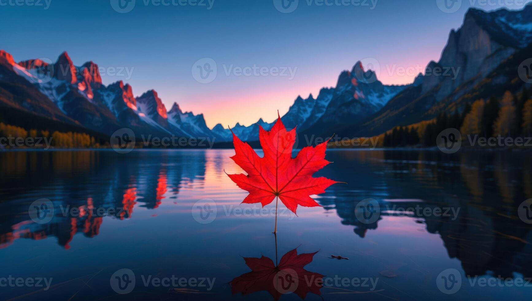 Red Maple Leaf Floating on Calm Lake with Mountain Backdrop photo