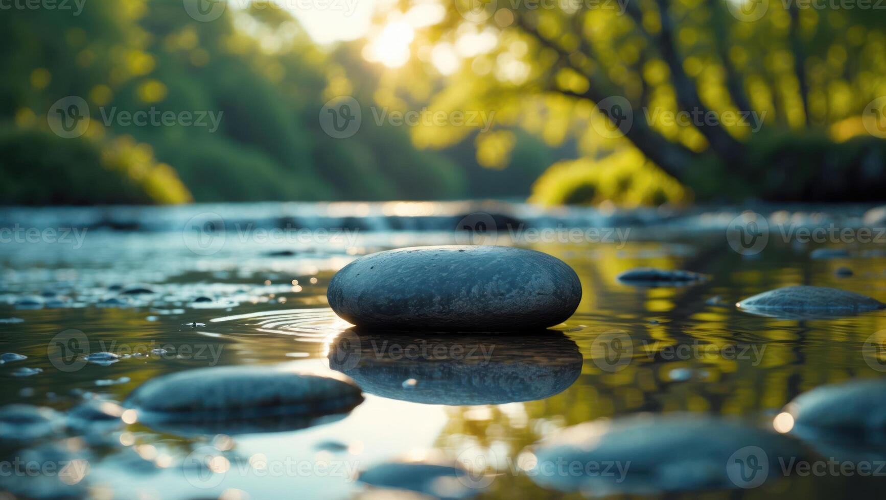 River Stone Meditation Reflection on Calm Water with Forest Backdrop photo