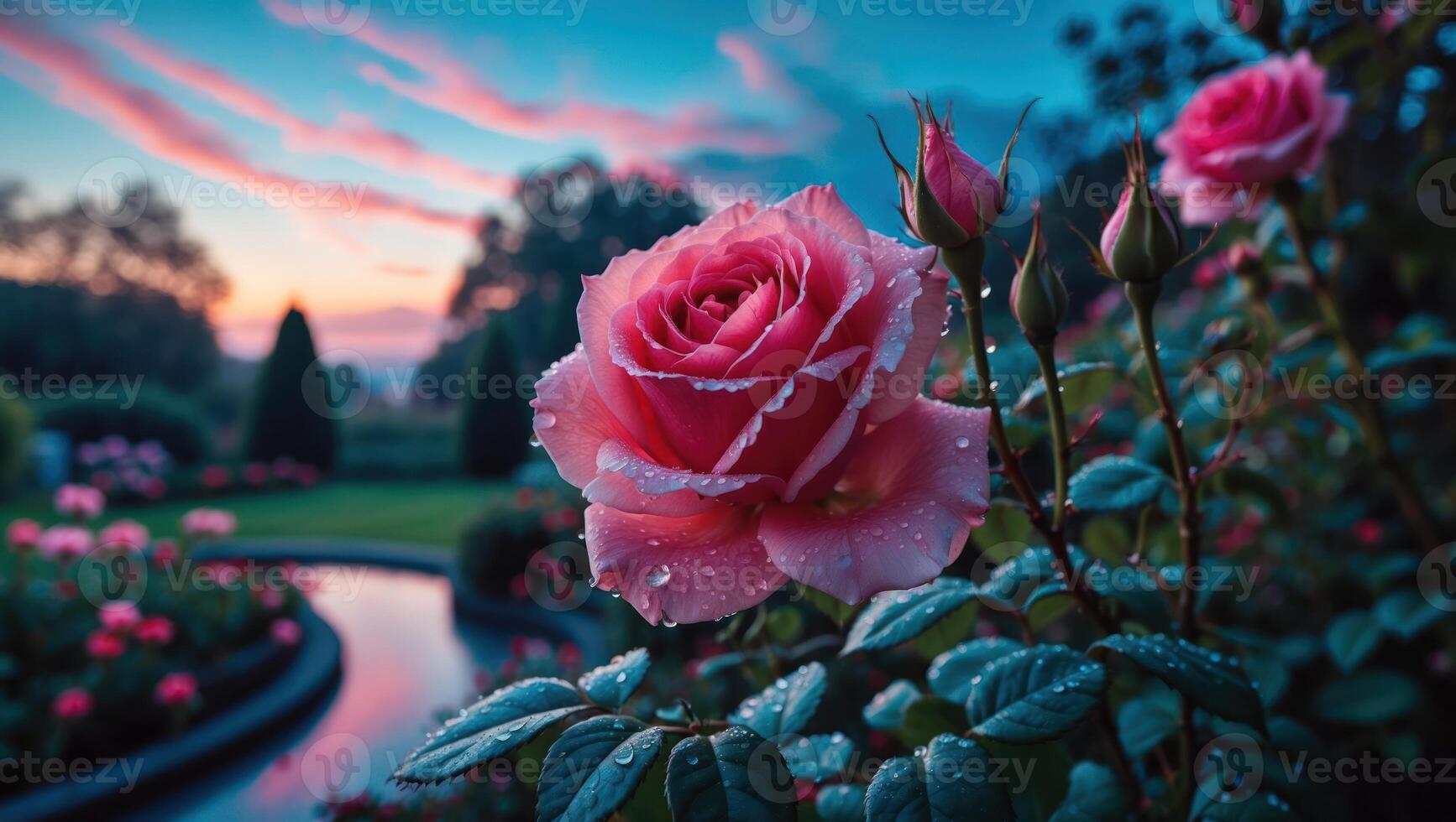 Pink Rose Blooming in Garden with Water Drops at Sunset photo