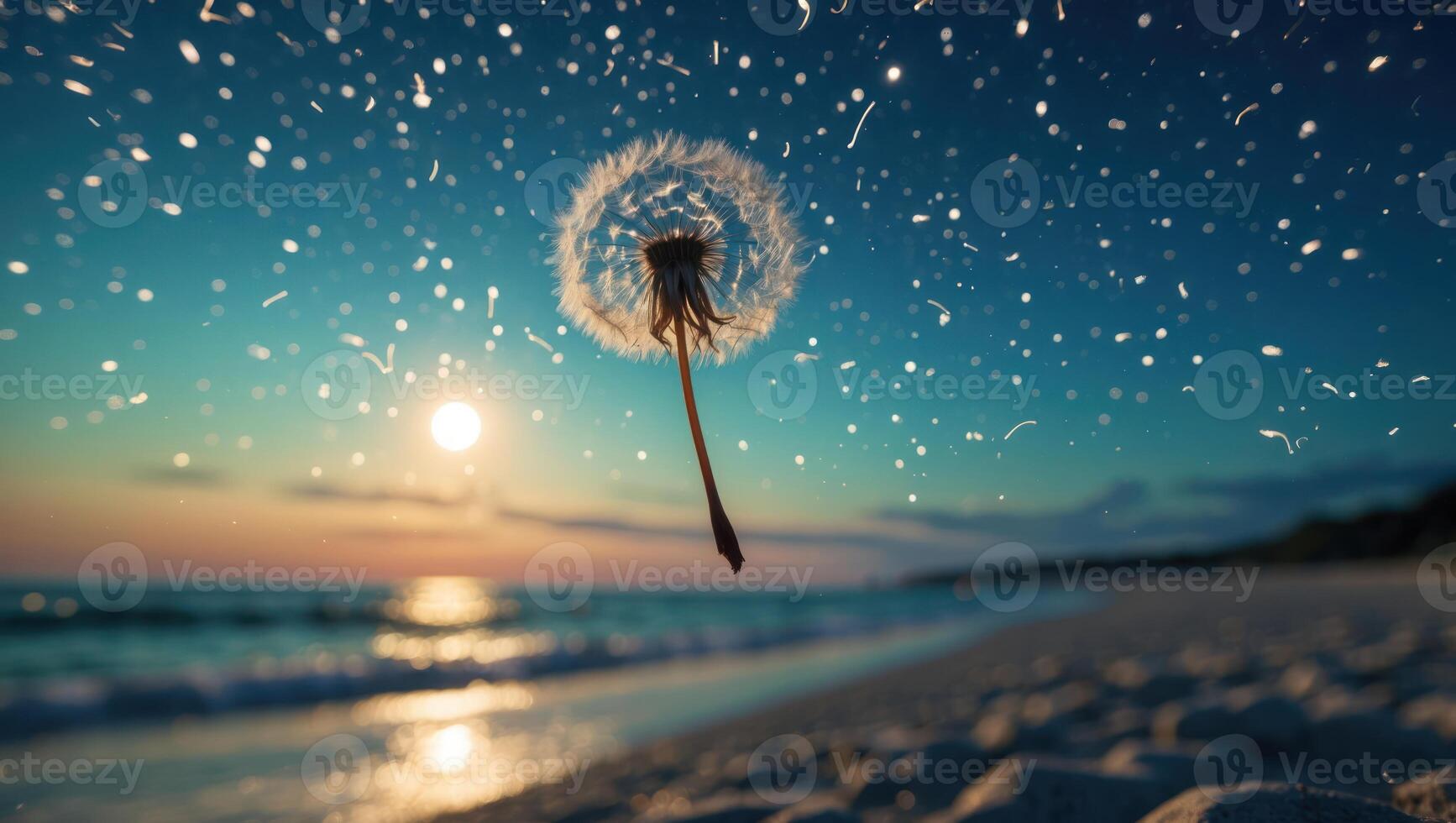 Dandelion Seed Head on Beach at Sunset Blowing in Gentle Breeze photo