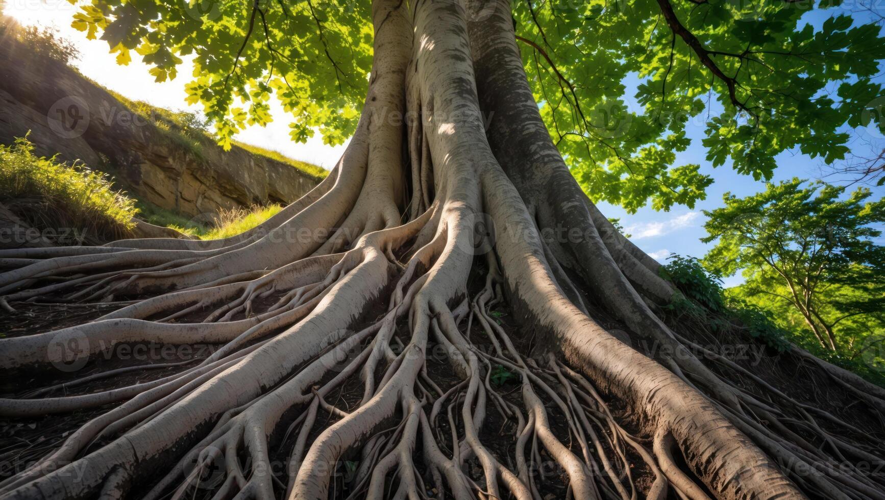 Giant Tree Roots Spreading Across Forest Floor with Sunlight Through Leaves photo