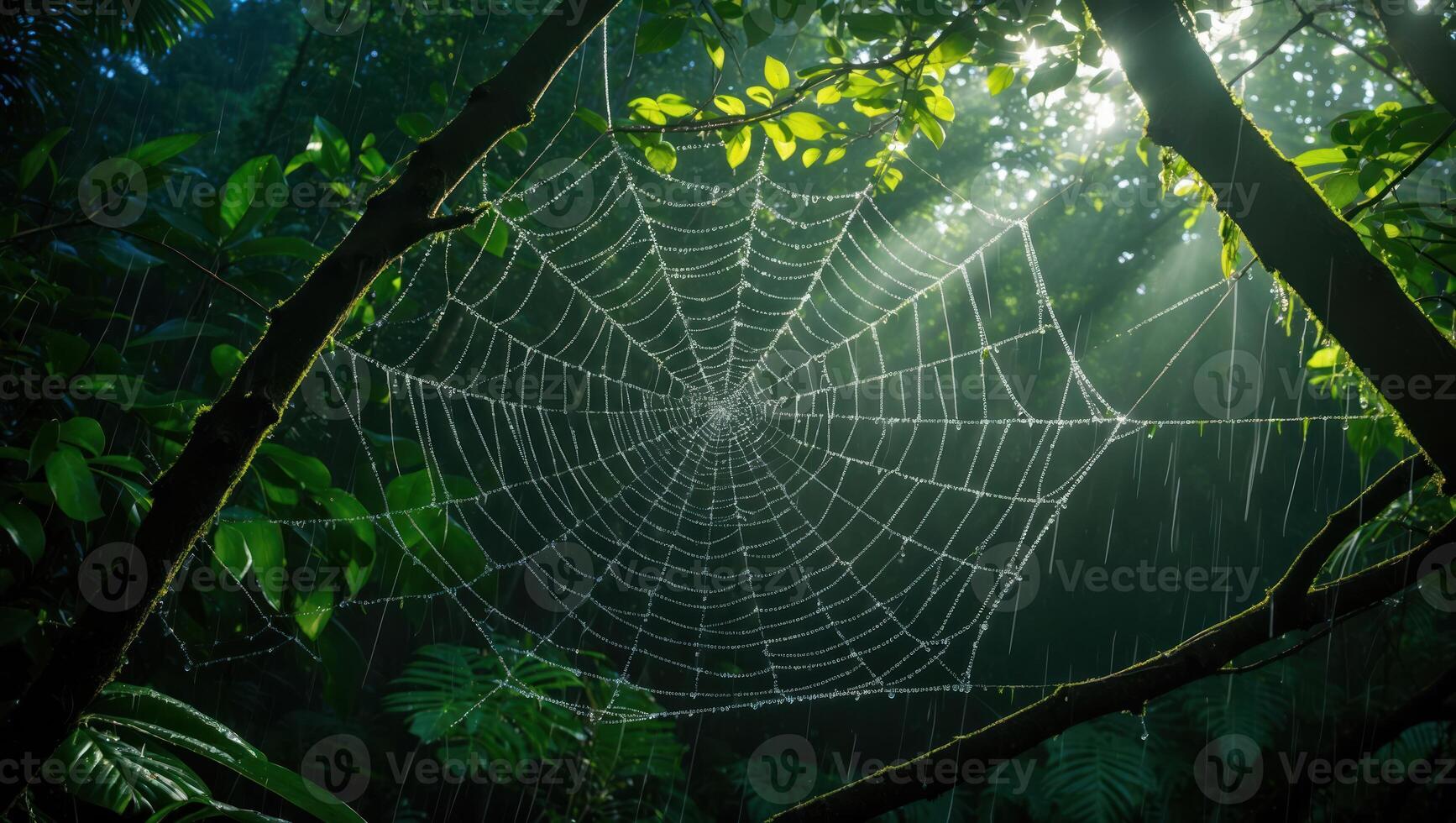 Spiderweb Hanging in Forest with Rain and Sun Shining Through photo