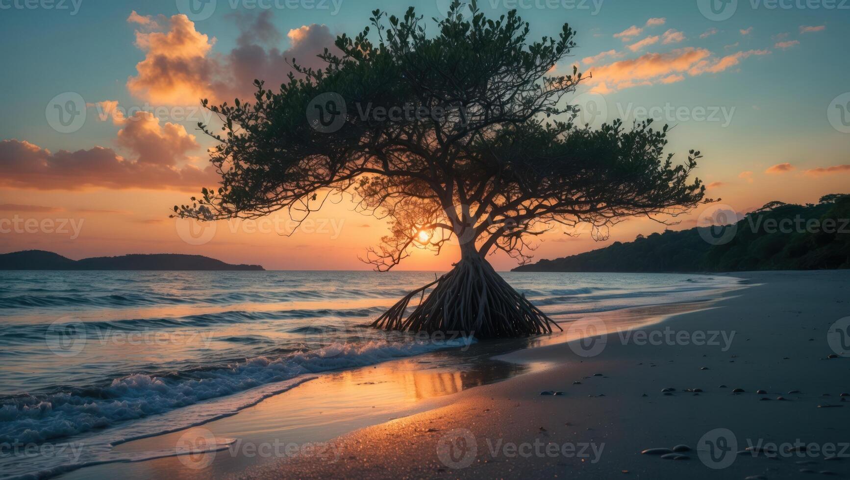 Lone Tree Standing on Sandy Beach at Sunset with Ocean Waves photo