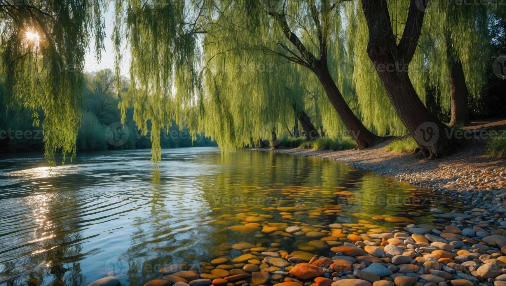 River Scene with Weeping Willow Trees and Sunlight Reflection on Water photo