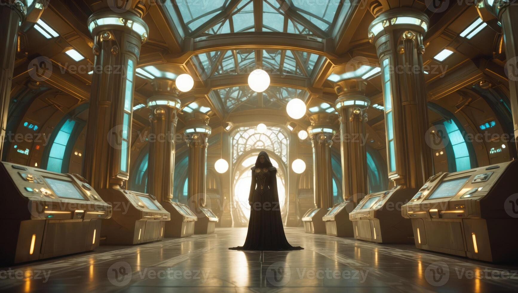 Woman Standing in Futuristic Hallway with Columns and Glowing Orbs photo
