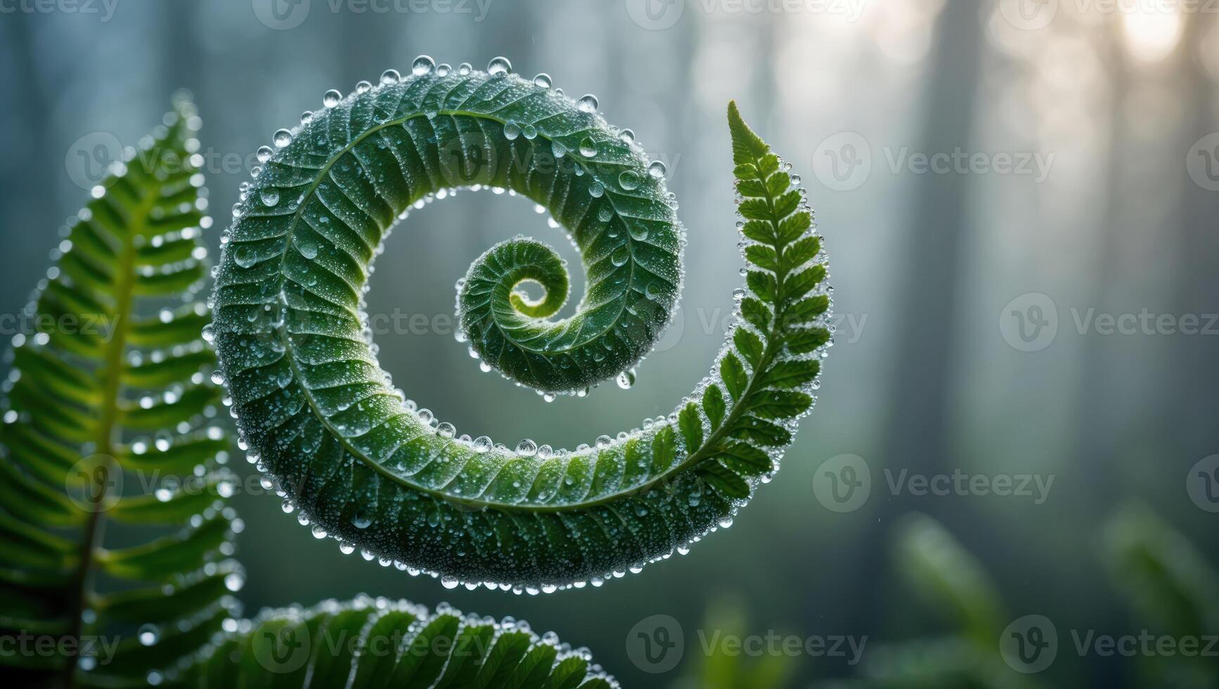 Fern Frond Unfurling with Water Droplets in a Serene Forest Setting photo