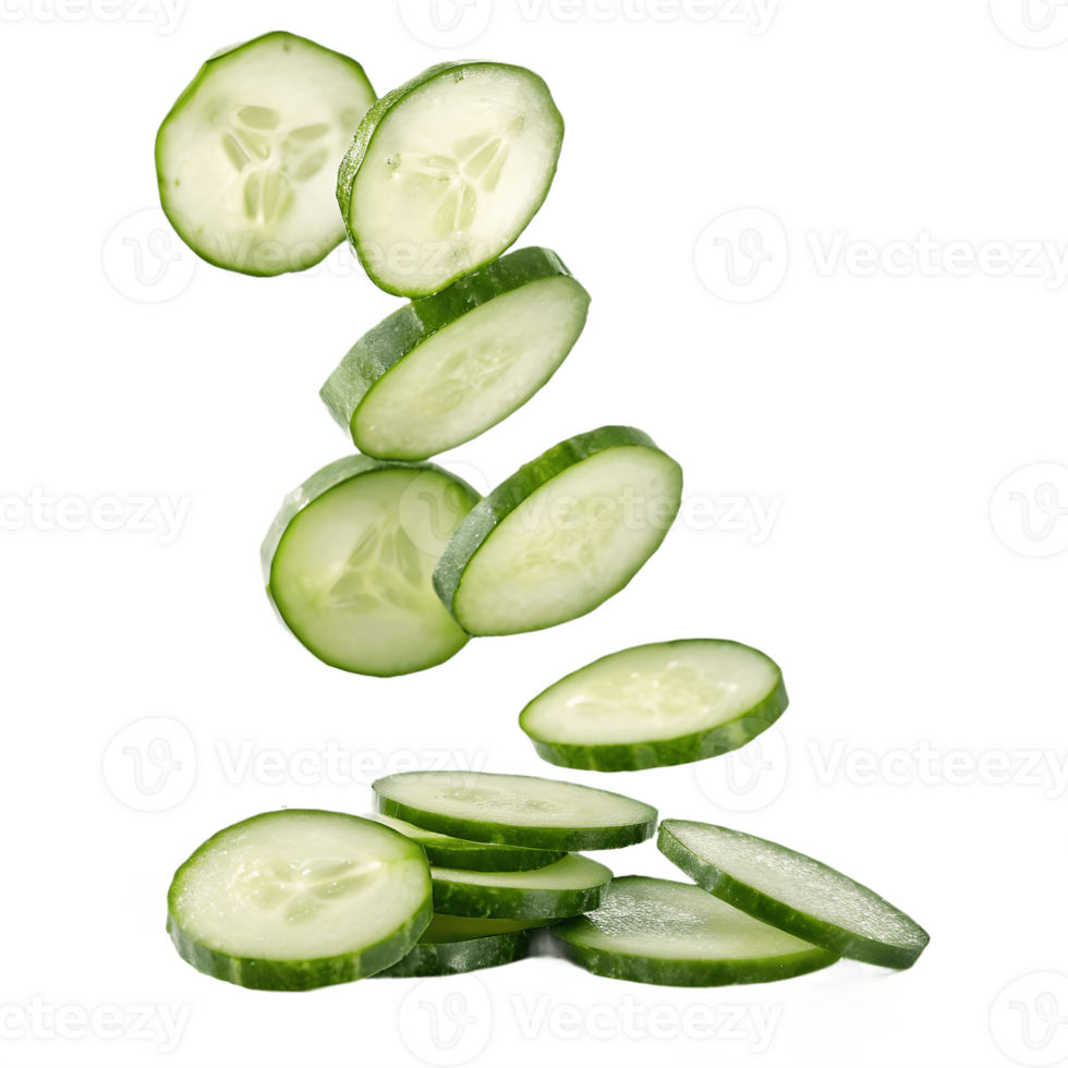 Fresh Cucumber Slices Falling in Studio Lighting Transparent Background png