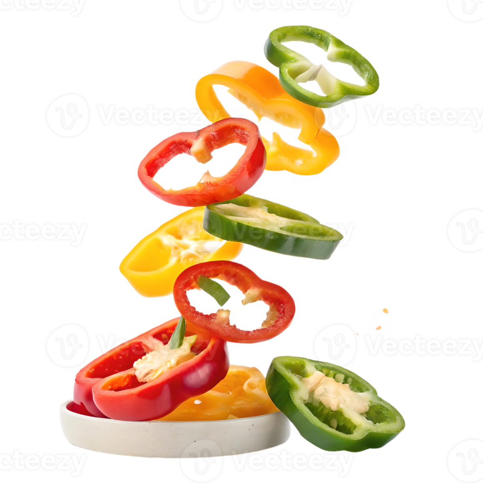Vibrant Bell Pepper Slices Falling in Slow Motion Transparent Background png