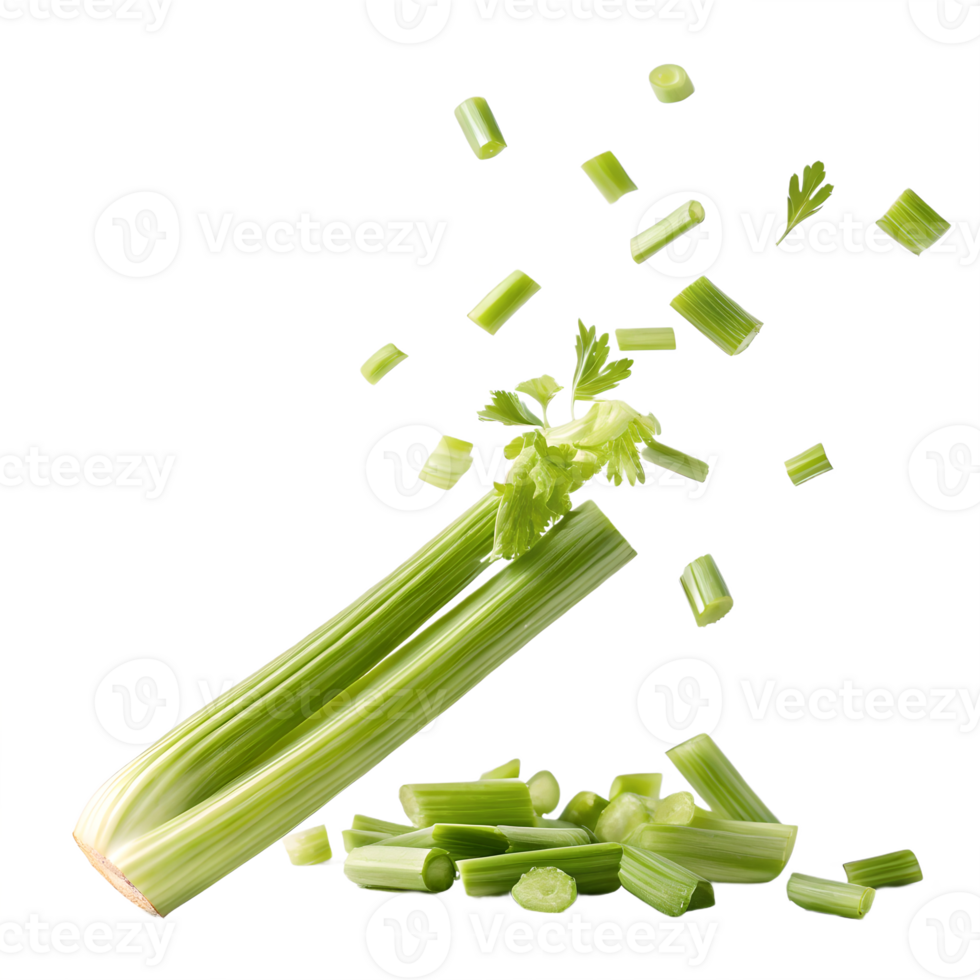 Fresh Celery Stalks Falling and Sliced, Studio Shot Transparent Background png