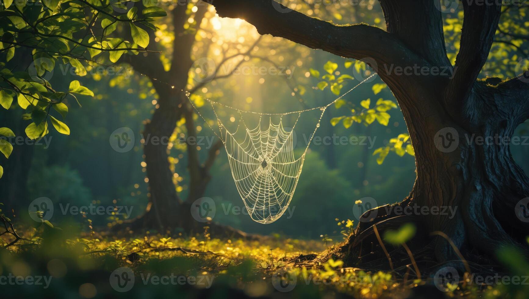 Spiderweb Hanging Between Trees in Forest with Sunlight Streaming Through photo