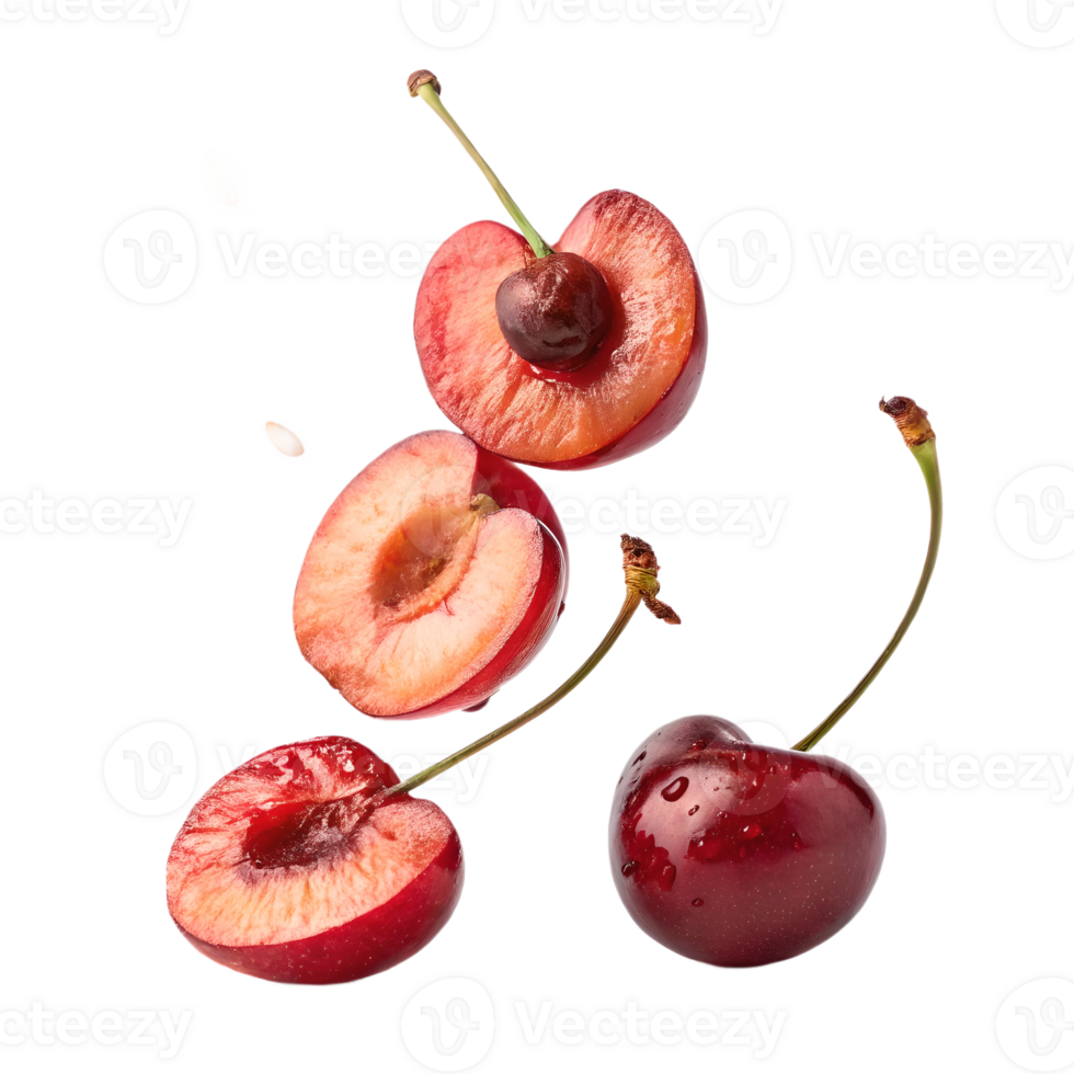 Falling Cherries Halves in Studio Shot Transparent Background png