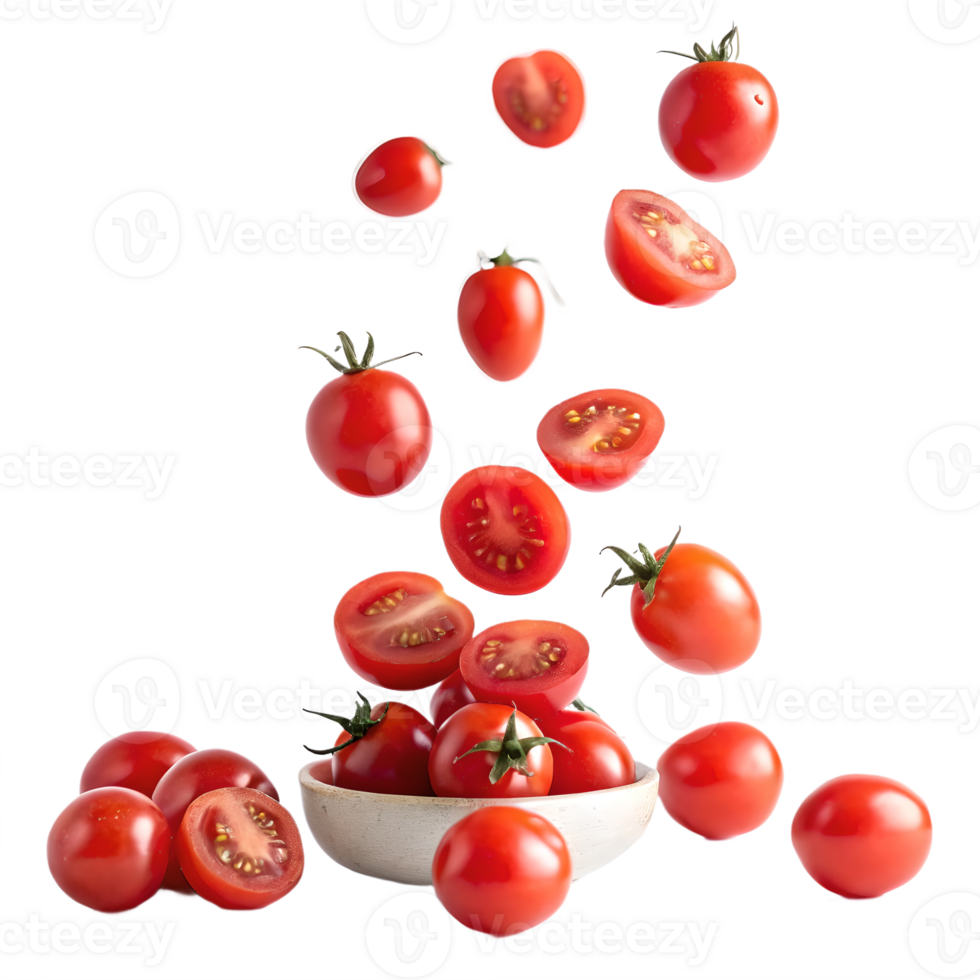 Falling Cherry Tomatoes in a Bowl Transparent Background png