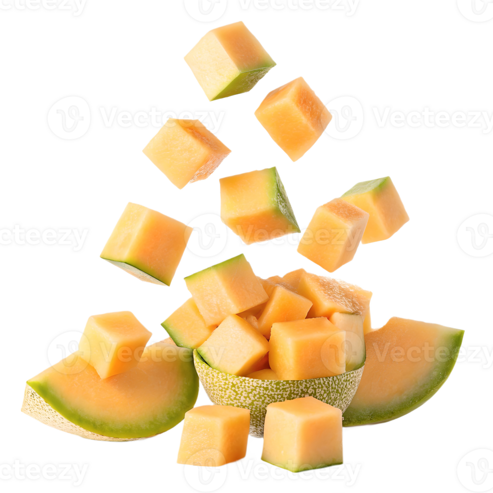 Cantaloupe Cubes Falling into Bowl Isolated on White Transparent Background png