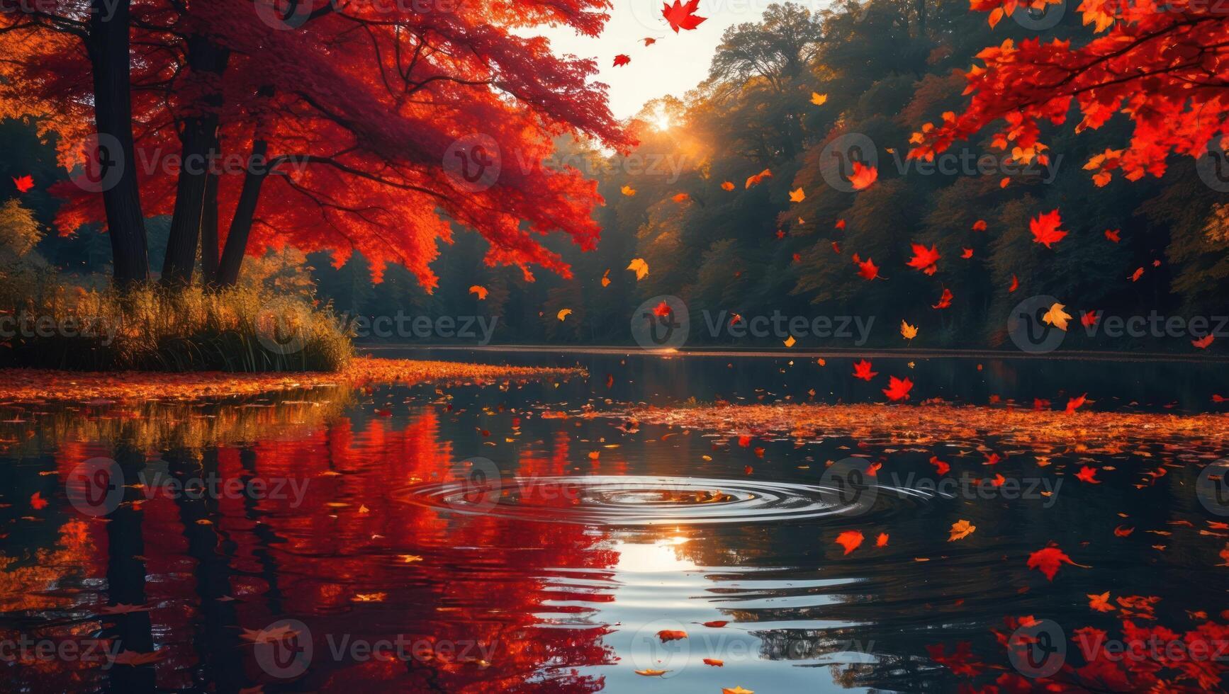 Falling Autumn Leaves Reflecting in Lake Water with Forest Background photo
